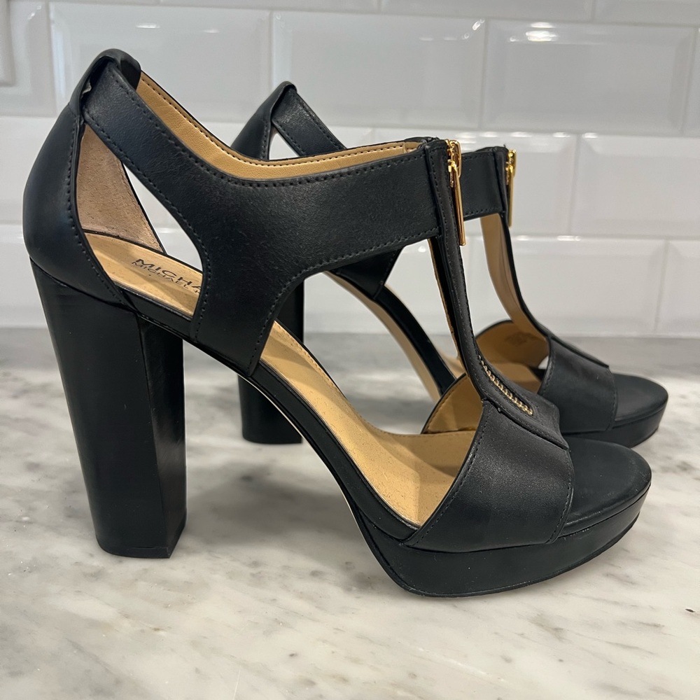 Michael Kors Black Heeled Sandals with Gold Zipper Accent - Picture 2 of 5